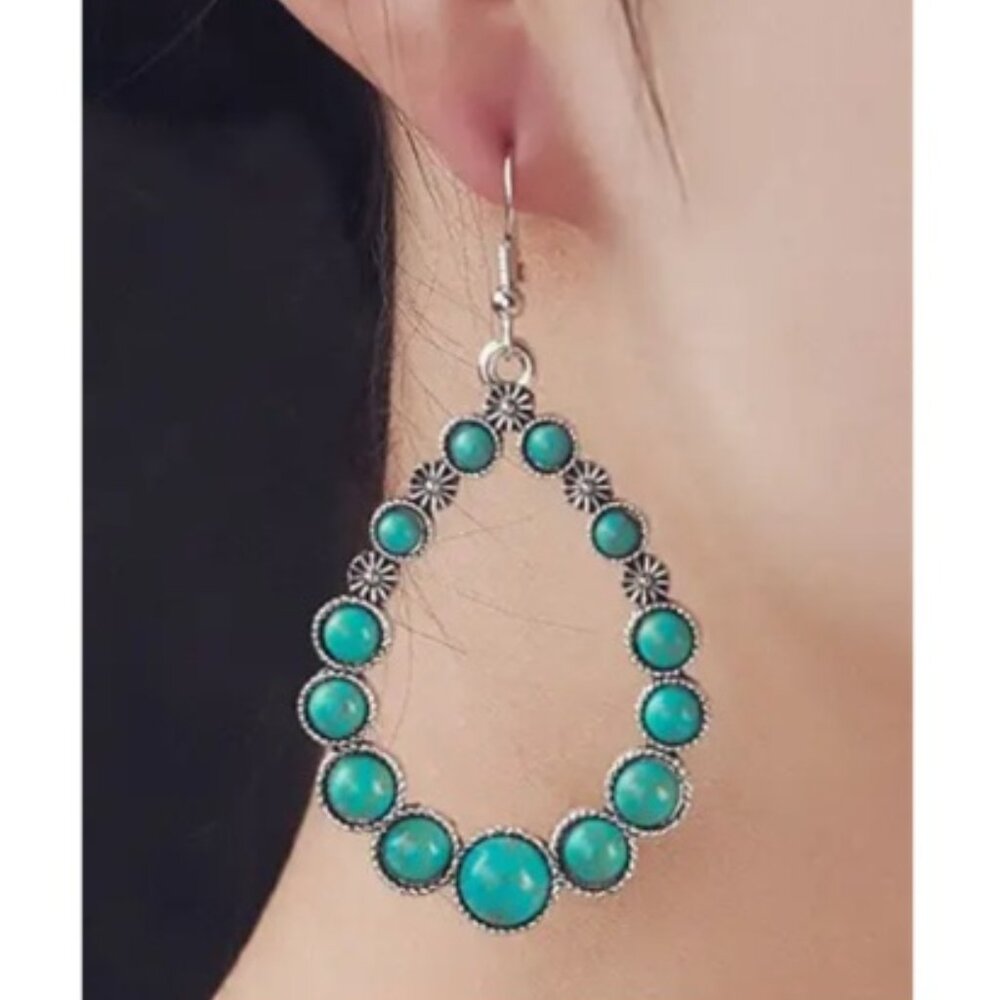 Bohemian Teardrop Earrings - Synthetic Turquoise & Electro-Plated White Gold - Picture 2 of 3